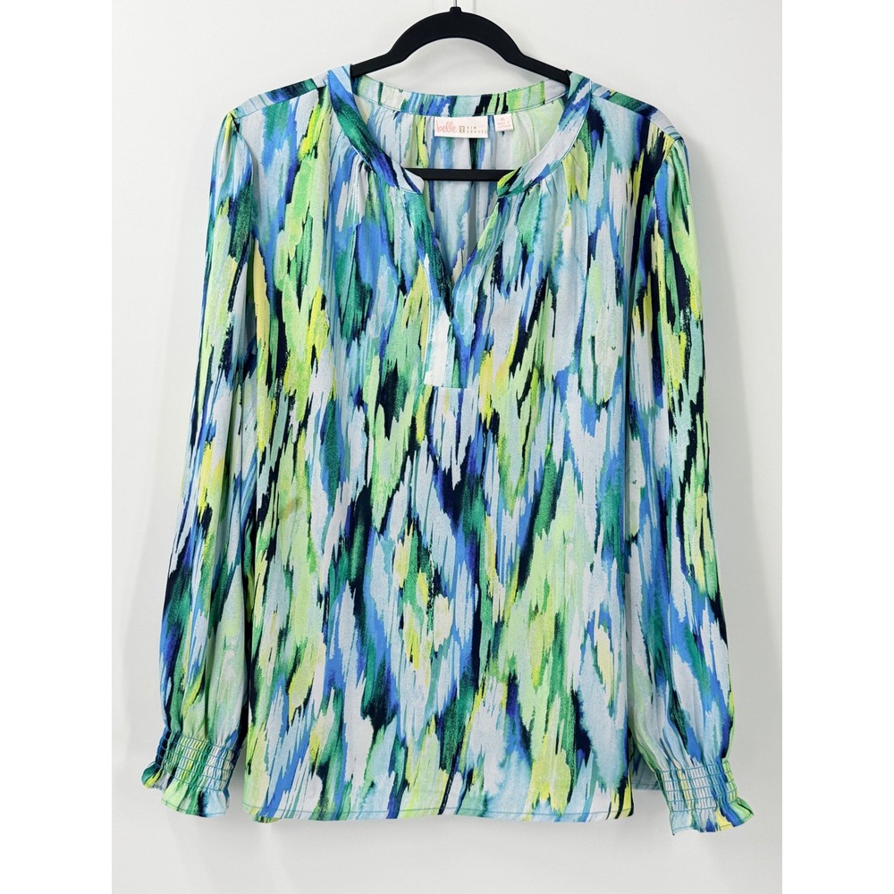 Belle Kim Gravel top Womens XL Abstract V-Neck Smocked office casual cuff sheer